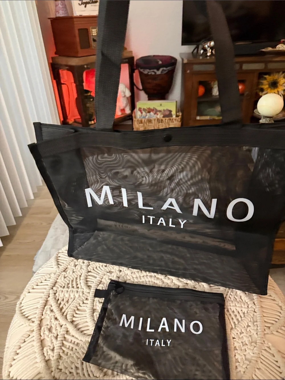 Milano Black Mesh Tote with White Logo